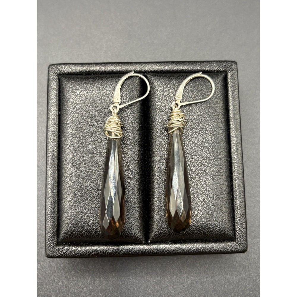Vintage Sterling Silver 2.5" Smokey Quartz Earrings 925 E29